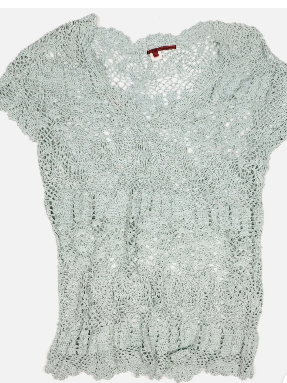 Crocheted V-Neck Short-Sleeve Tunic in Mint